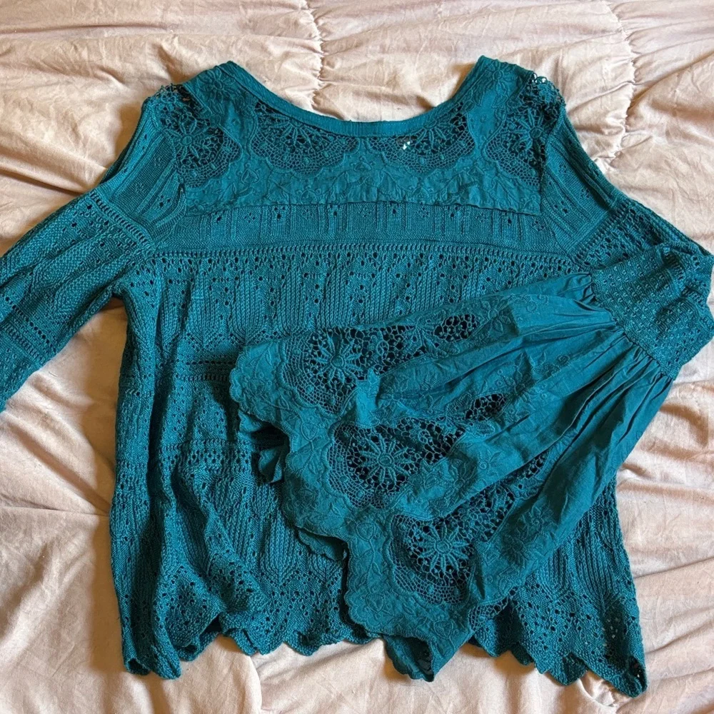 Free People Teal Lace Crochet Long Sleeve Blouse